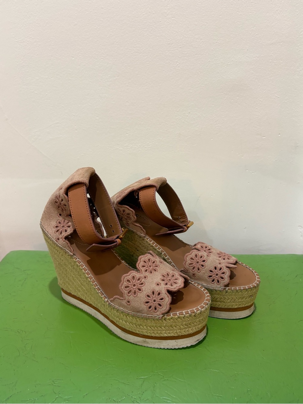 See by Chloe - Wedge Espadrille Sandals with Floral Cutwork - Pink